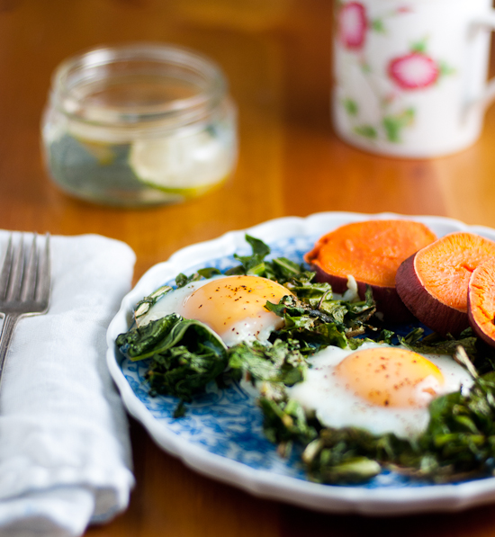 greens with eggs and sweet potato