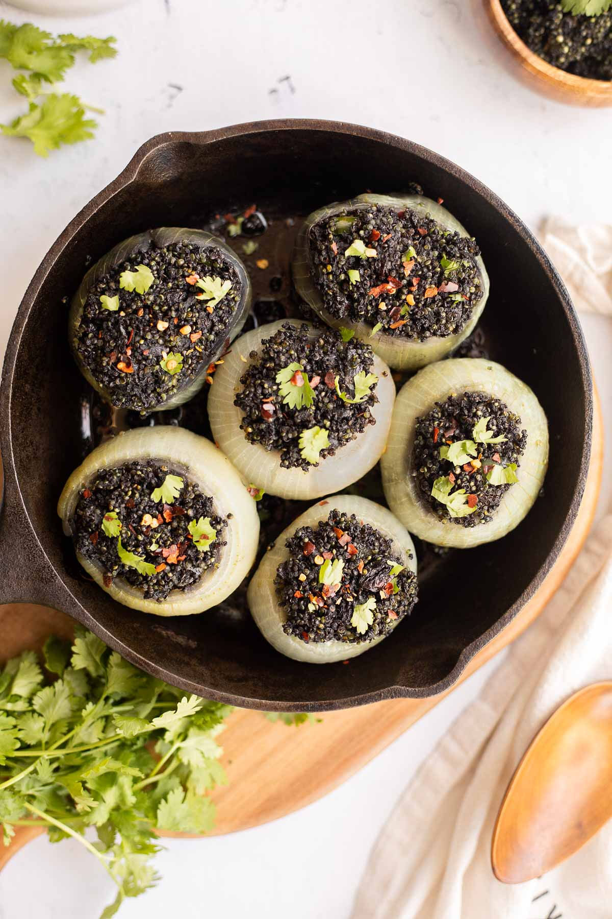 Stuffed Onions with Curried Black Quinoa (top view).