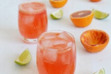 a cropped image of two glasses of blood orange gin and tonic, garnished with lime and blood orange slices