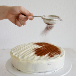 cropped image of a hand using a strainer to sprinkle cocoa powder onto a chocolate cake covered with cream cheese frosting