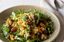 close up image of vegetable winter salad with wheat berries in a plate