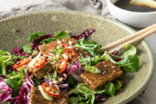 an image of a plate withseasoned dry-rubbed tofu salad, mixed greens, tomatoes, cucumbers, and carrots. Drizzled with vinaigrette