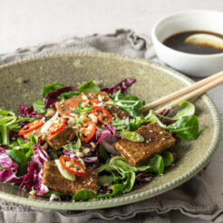 an image of a plate withseasoned dry-rubbed tofu salad, mixed greens, tomatoes, cucumbers, and carrots. Drizzled with vinaigrette
