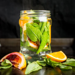 This calming, fragrant fresh orange and mint tea is perfect for relaxing in the afternoon or evening. Let the natural flavour of the mint leaves infuse the water while you chill out!