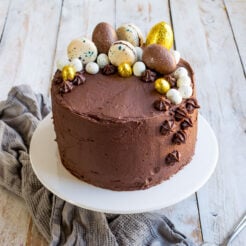 close up image of a moist vanilla layer cake covered in chocolate orange frosting topped with chocolate eggs and macarons