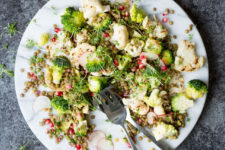 A delicious, crunchy salad, perfect for packing up and enjoying on a summer picnic! The cauliflower is lightly chargrilled, giving it that smoky flavour reminiscent of a summer barbeque, then it’s tossed with warm, lemony lentils and topped with fresh broccoli, radishes, pomegranate seeds and manchego cheese!