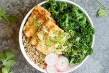 top view image of a teriyaki tofu in a bowl with chopstick