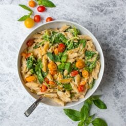 A white bowl of pasta made with a dairy-free pasta sauce.