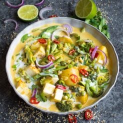 This creamy Vegan Red Thai Coconut curry is full of delicious veggies and covered with a thick, coconut sauce
