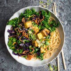 A nutritious kale stir fry with crispy curried tofu, perfect for a quick weeknight fix!