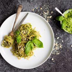 Vegan, Oil Free, Basil and Avocado Pesto Spaghetti. A simple staple dinner that's whipped up in no time!
