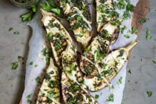 Chargrilled Eggplant with Carrot Top Pesto and Tahini