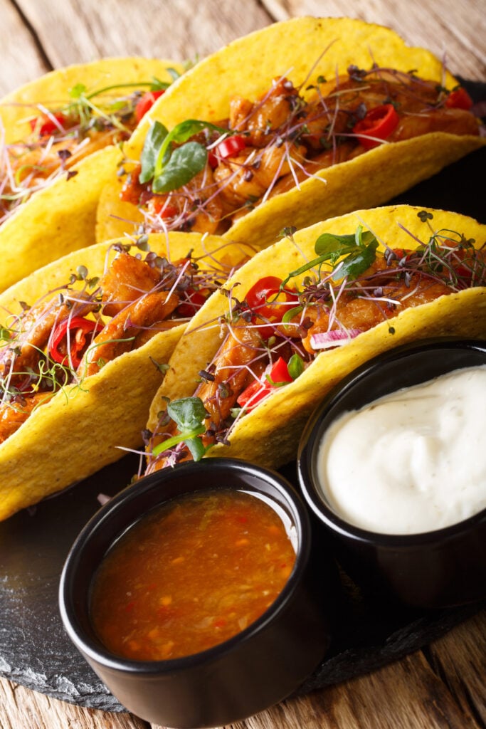 Healthy Mexican tacos stuffed with glazed chicken