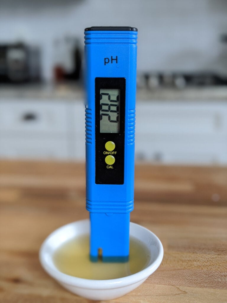 A digital pH meter with a reading of 2.82--perfect for finished kombucha.