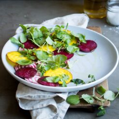 Vegan beet carpaccio, a simple summer dish that let's these beautiful ingredients shine.