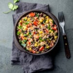 High fiber quinoa dinner with black beans and corn.
