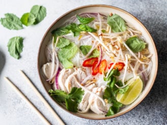 Healthy chicken pho in a bowl.