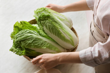 Female chef holding basket with fresh Napa cabbage on light background.