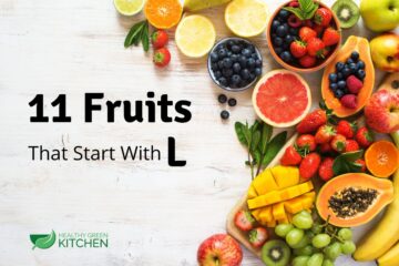 Colorful fruits of all types on a white wooden background with the caption: 11 Fruits that start with L.