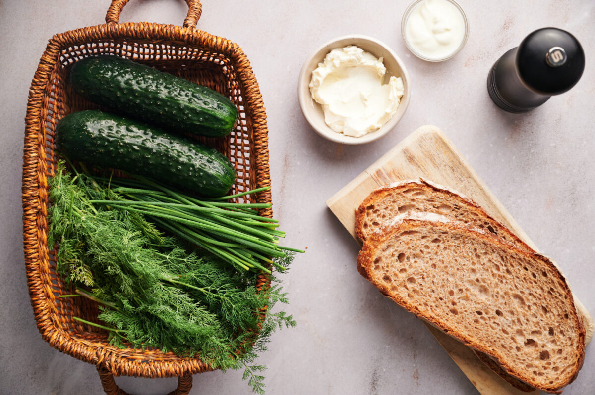Ingredients for making a classic cucumber sandwich.