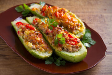 Loaded Zucchini boats: Zucchini stuffed with meat, vegetables and cheese.