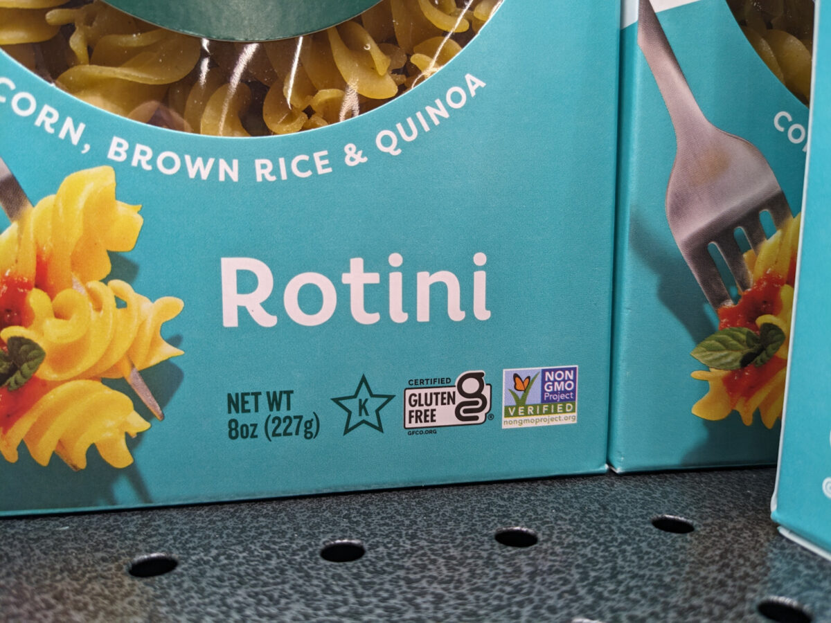 A "Certified Gluten Free" label on a box of Rotini.
