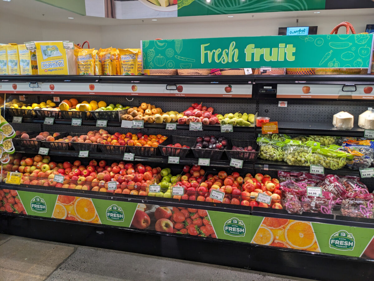 Fresh fruit section at a grocery store.
