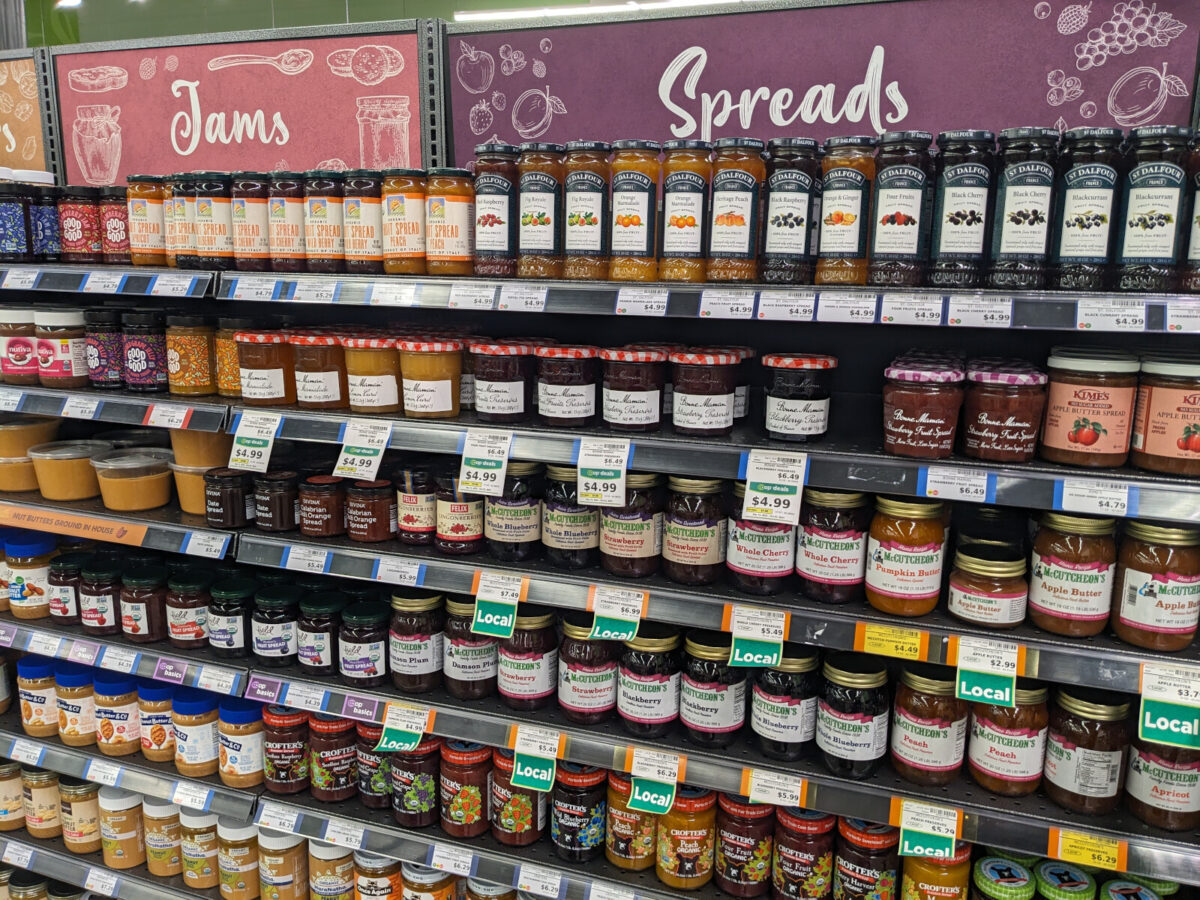 Jams, jellies, and spreads at a grocery store.