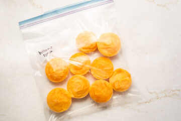 Frozen, pureed butternut squash in a zip-top freezer bag.
