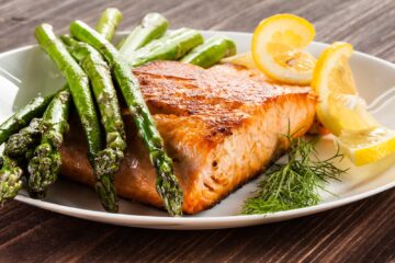 A plate with roasted salmon, asparagus, dill, and lemon wedges.