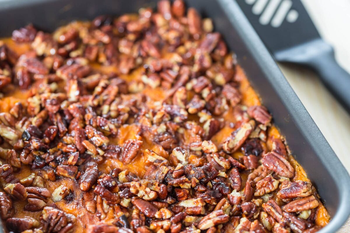 Sweet Potato Casserole topped with Pecans.