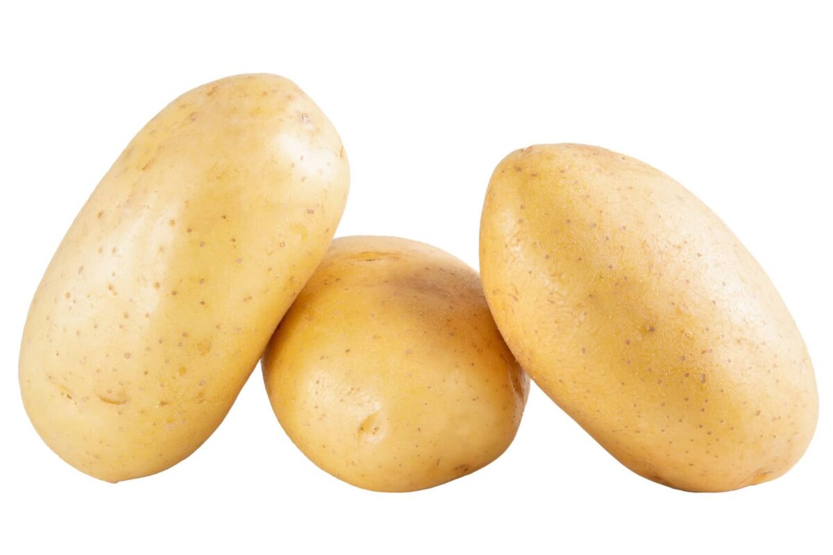 A closeup shot of fresh ripe yukon gold potatoes isolated on white background.