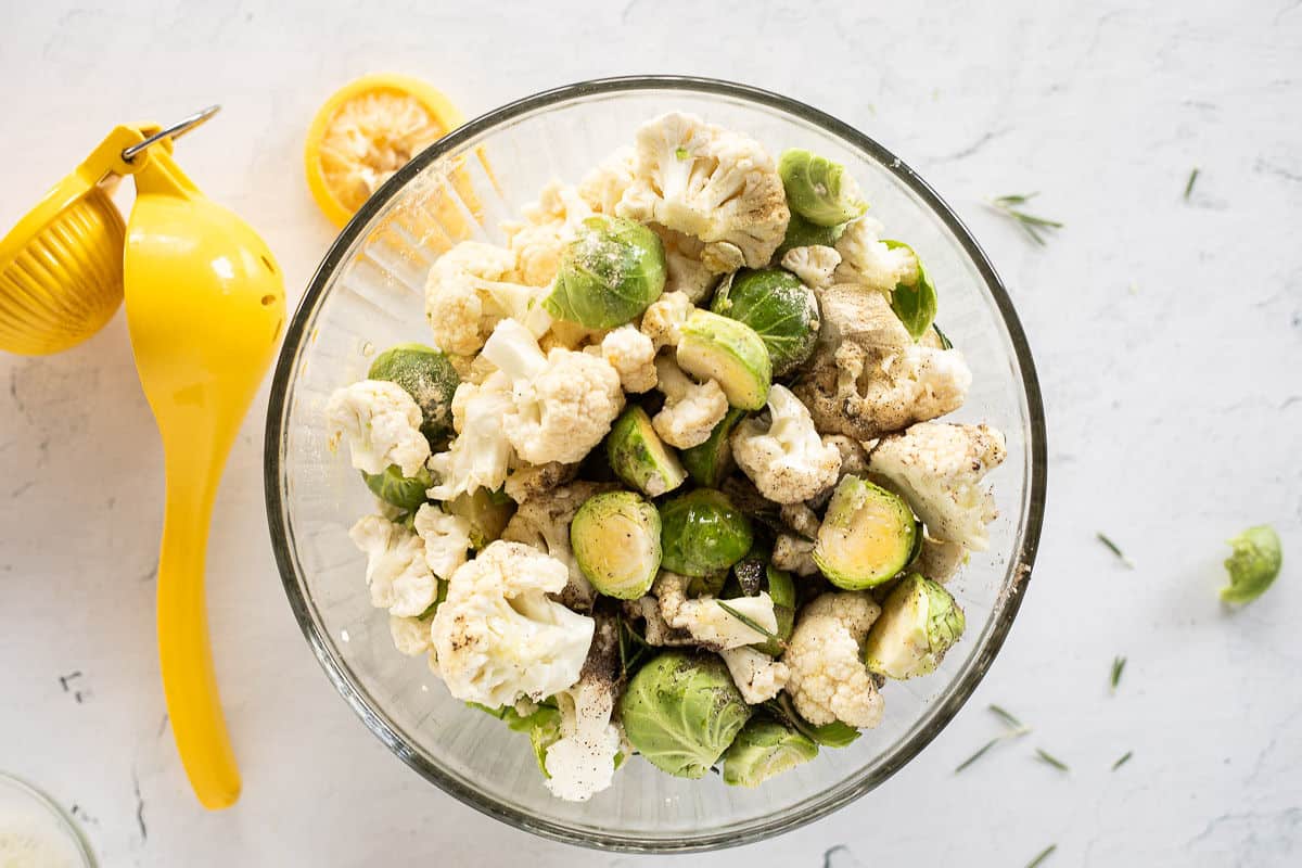 Cauliflower & Brussels Sprouts in a glass bowl.