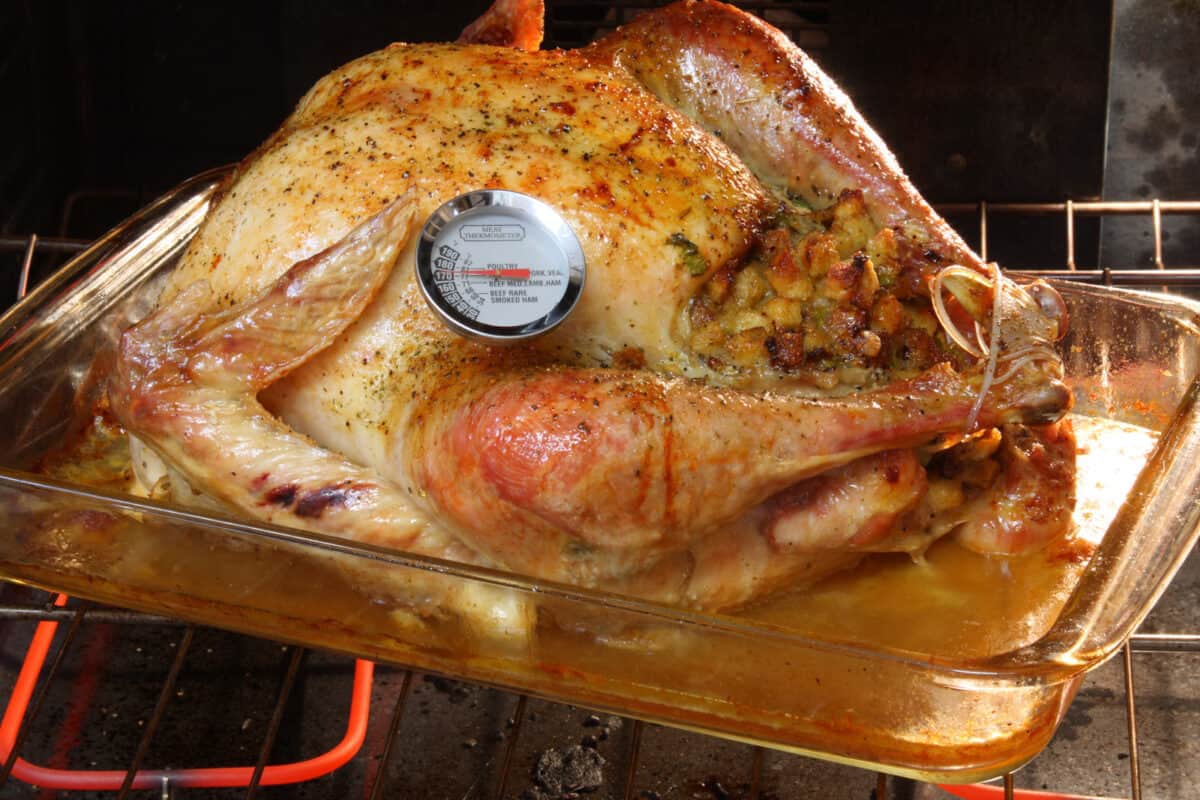 Roasted Turkey in the oven with a meat thermometer.