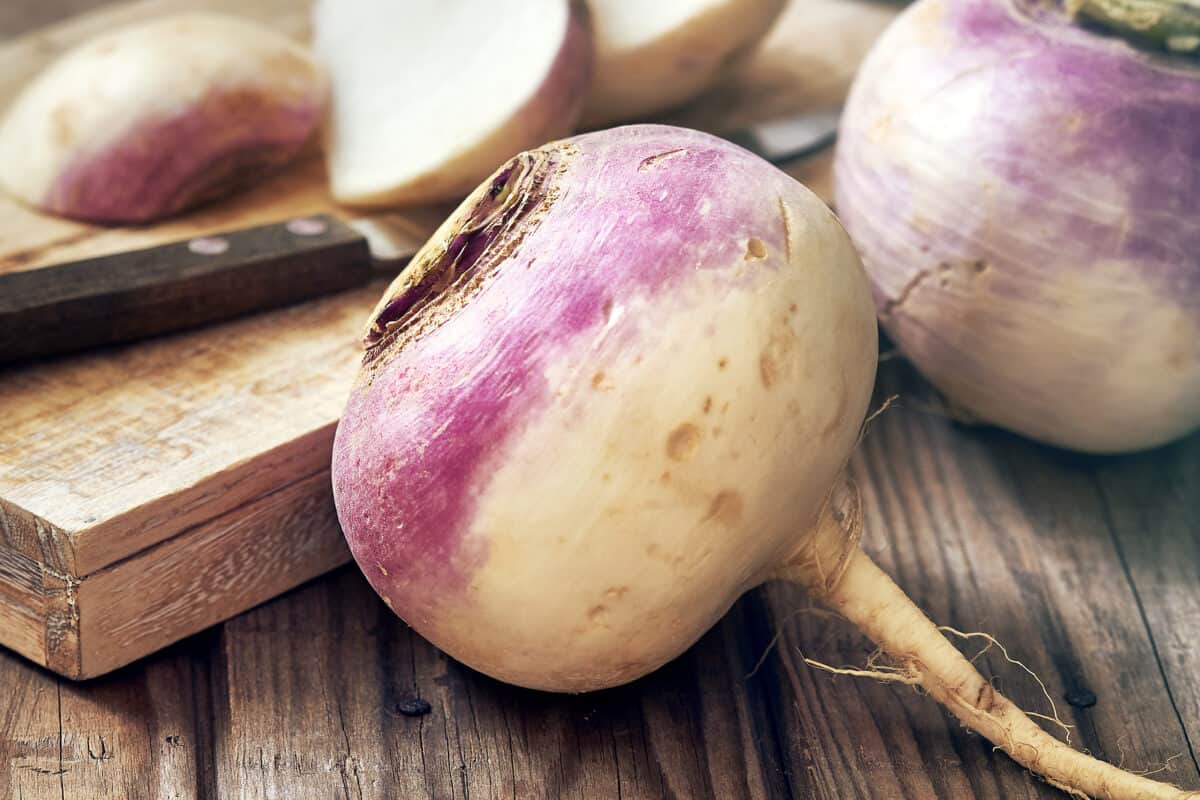 Closeup of raw organic turnips on rustic wooden background.